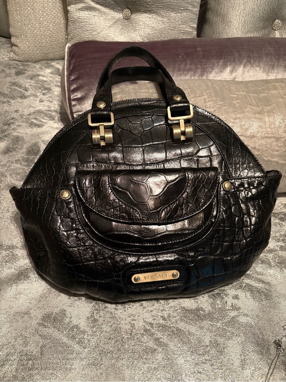Versace Black Croc-Embossed Leather Satchel with Gold-Tone Hardware